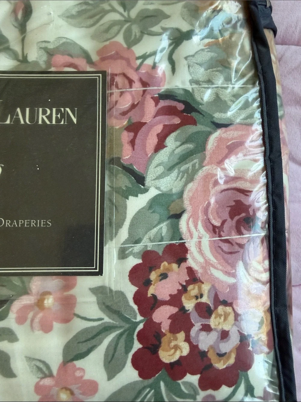 Ralph Lauren Cream Floral Rod Pocket Draperies with Pink and Green Accents